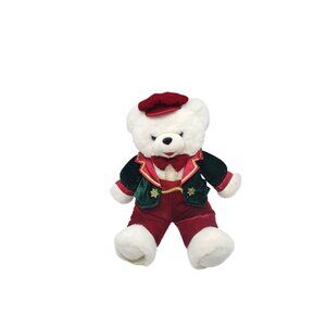 Vintage Snowflake Teddy Bear 1998 White Plush Velour Holiday Outfit Red & Green